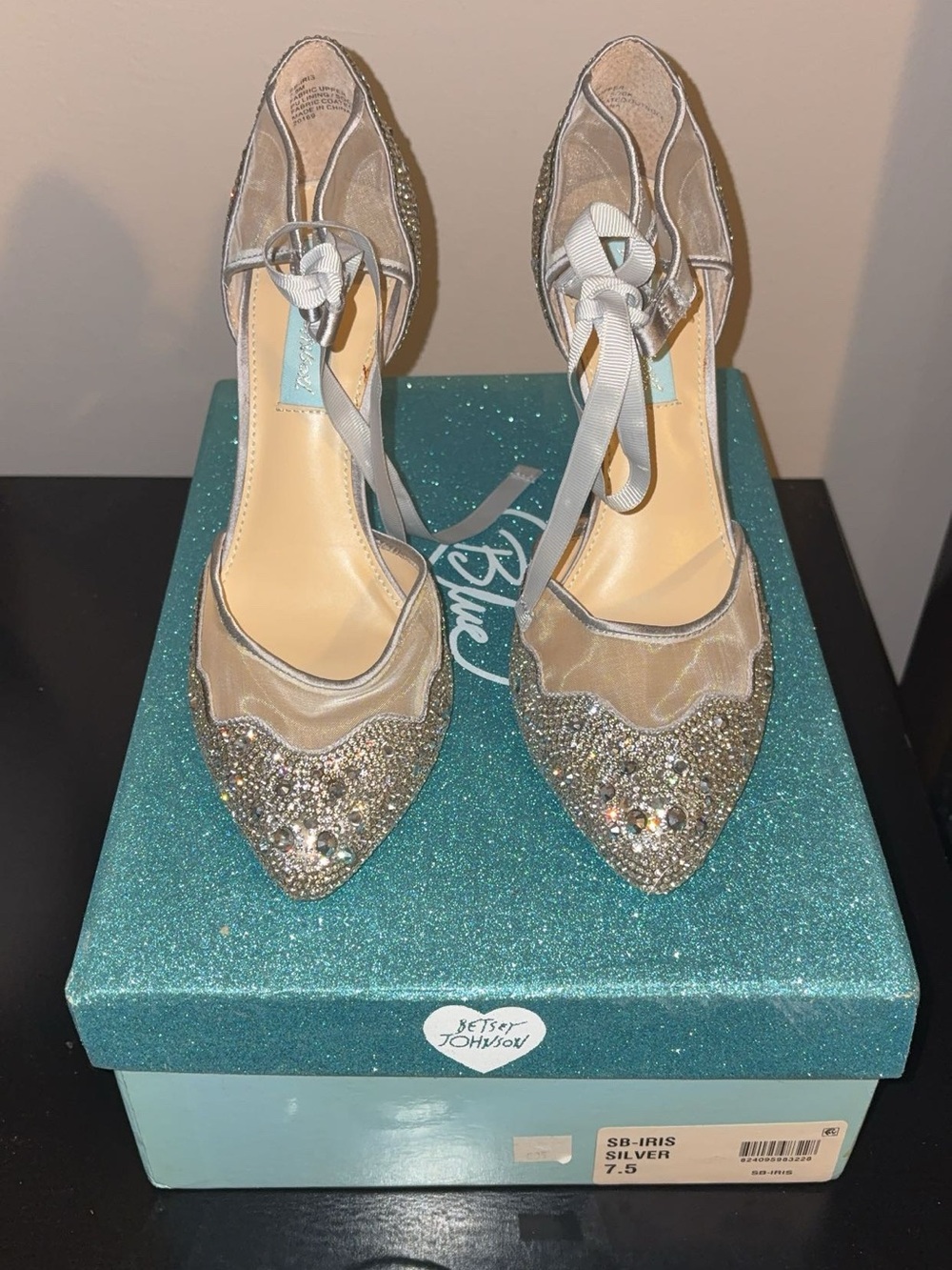 Betsey Johnson Silver Crystal Pointed Mesh Ankle-Tie Heels